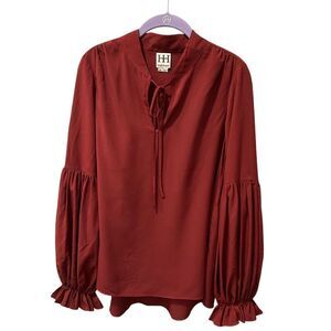 Haute Hippie Cranberry Balloon Sleeve Tie Neck Blouse